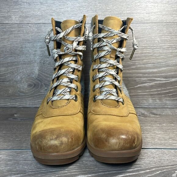 Sorel Lexie Wedge Tan Leather Gray Felt Women’s Sz 10 Lace Up Hidden Wedge Boots - Picture 2 of 11